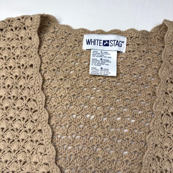 Crochet Sweater Vest Beige Ramie Cotton Large Boho Cottage Retro Hippy Festival - Picture 4 of 9